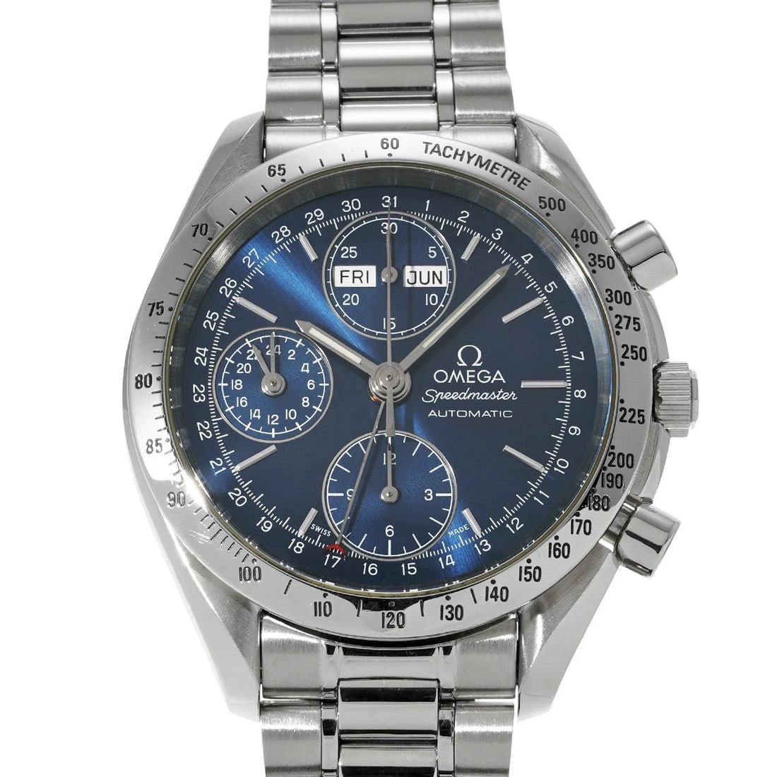OMEGA SPEEDMASTER TRIPLE CALENDAR BLUE WATCH: OMEGA Speedmaster Triple Calendar Blue WATCH Brand: OMEGA Type: Wristwatch Material: Band Material Stainless steel, Case Material Stainless steel Color: Dial Color Blue Size: ??Case? H/about 39mm W/ab