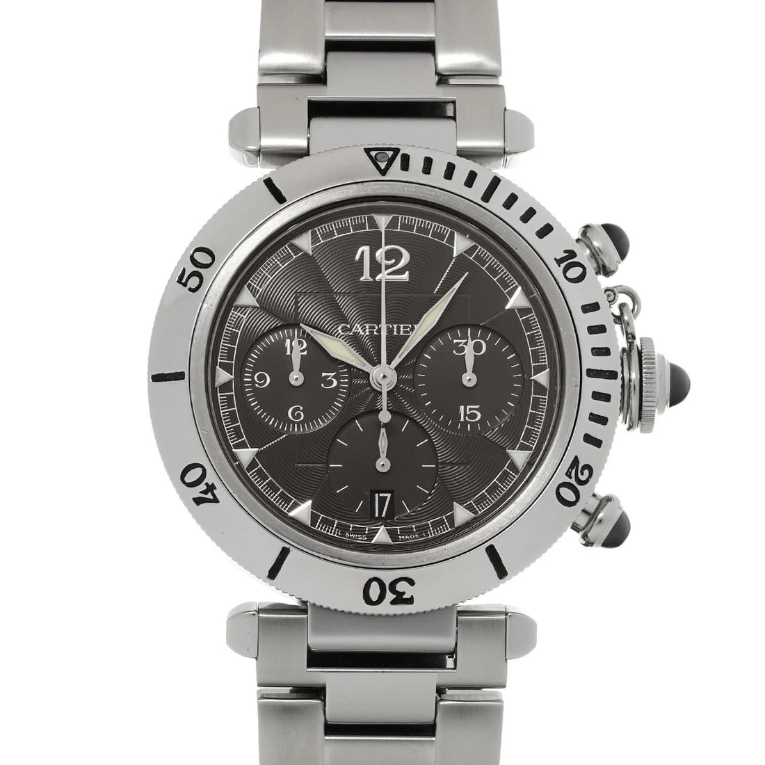CARTIER PASHA CHRONOGRAPH GRAY WATCH: CARTIER Pasha Chronograph Gray WATCH Brand: CARTIER Type: Wristwatch Material: Band Material Stainless steel, Case Material Stainless steel Color: Dial Color Gray Size: Case? H/about 38mm W/about