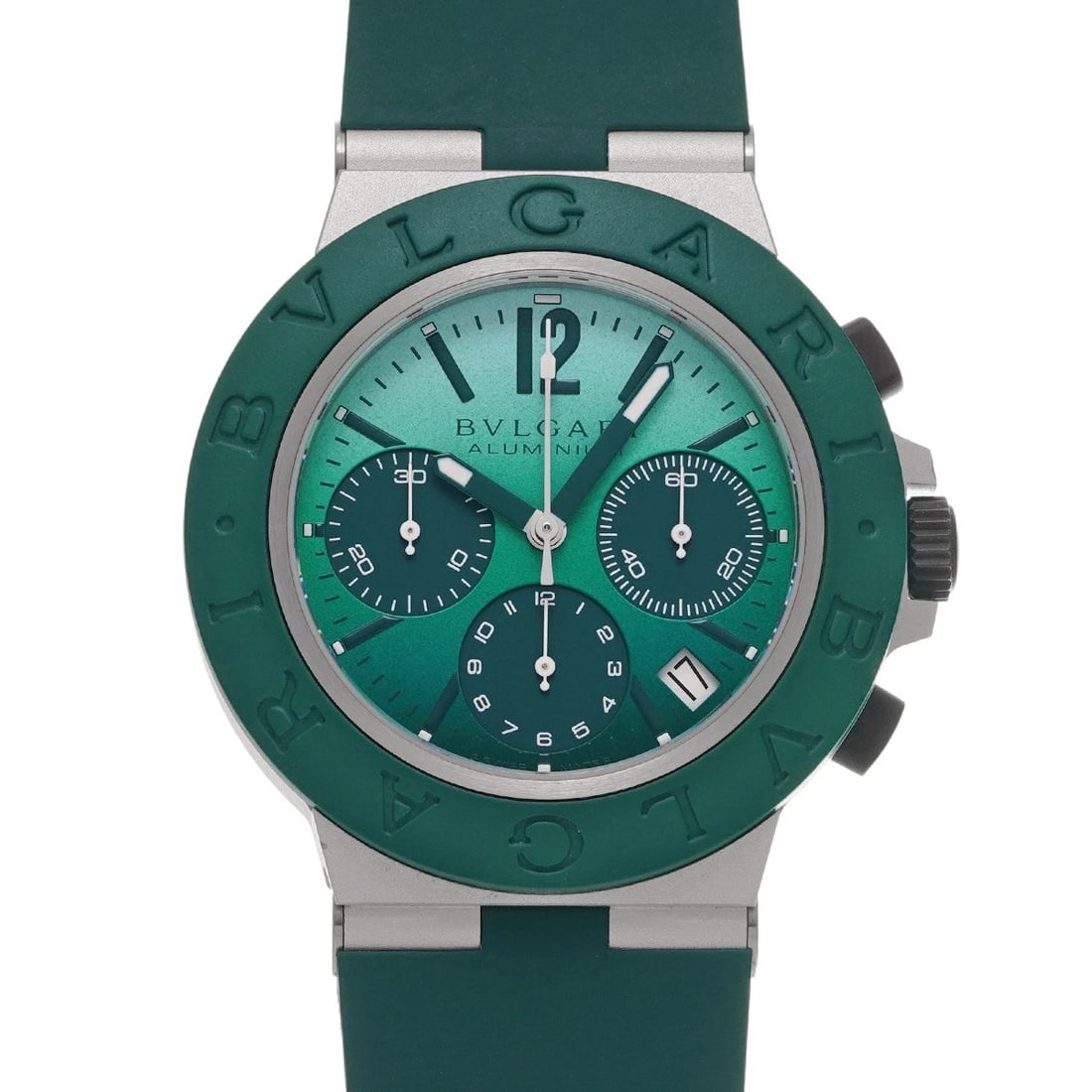 BVLGARI ALUMINUM CHRONOGRAPH GREEN WATCH: BVLGARI Aluminum Chronograph Green WATCH Brand: BVLGARI Type: Wristwatch Material: Band Material rubber, Case Material aluminum Color: Dial Color Green Size: ??Case? H/about 40mm W/about 40mm D/about