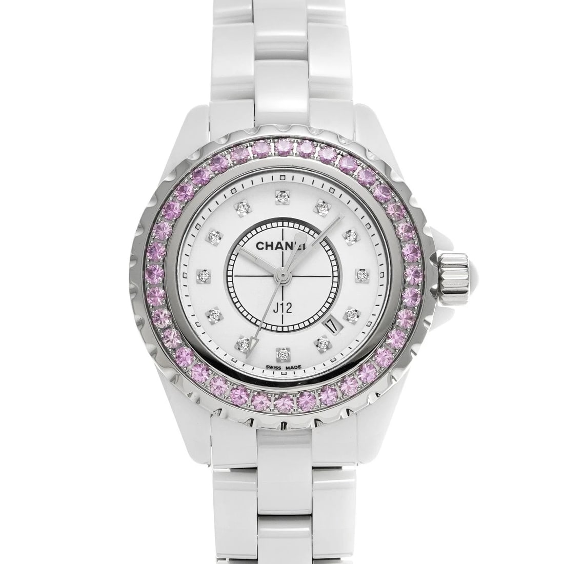 CHANEL J12 WHITE/DIAMOND WATCH: CHANEL J12 White/Diamond WATCH Brand: CHANEL Type: Wristwatch Material: Band Material ceramic, Case Material ceramic Color: Dial Color White/Diamond Size: ??Case? H/about 33mm W/about 33mm D/about 11m