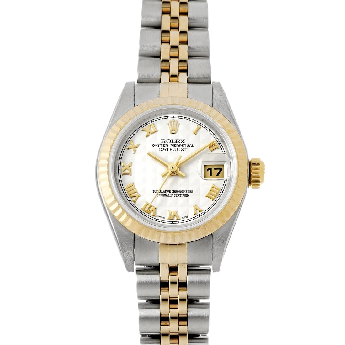 ROLEX DATEJUST IVORY PYRAMID WATCH: ROLEX Datejust Ivory Pyramid WATCH Brand: ROLEX Type: Wristwatch Material: Band Material Stainless steel/Yellow Gold, Case Material Stainless steel Color: Dial Color Ivory Size: ??Case? H/about 26mm W