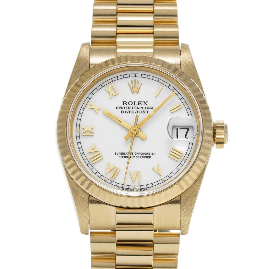 ROLEX DATEJUST WHITE WATCH: ROLEX Datejust White WATCH Brand: ROLEX Type: Wristwatch Material: Band Material Yellow Gold, Case Material Yellow Gold Color: Dial Color White Size: ??Case? H/about 31mm W/about 31mm D/about 10.5mm l