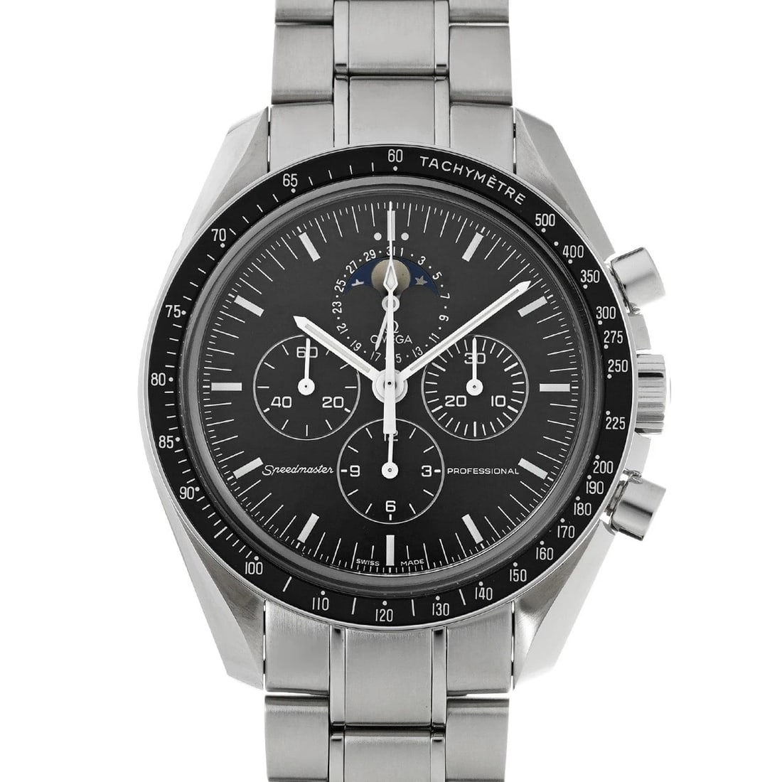 OMEGA SPEEDMASTER MOONWATCH MOON PHASE BLACK WATCH: OMEGA Speedmaster Moonwatch Moon Phase Black WATCH Brand: OMEGA Type: Wristwatch Material: Band Material Stainless steel, Case Material Stainless steel Color: Dial Color Black Size: ??Case? H/about 42