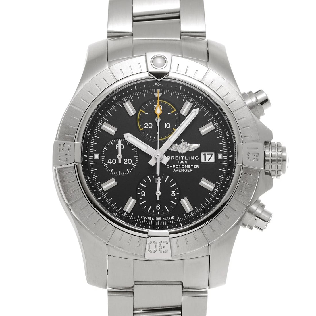 BREITLING AVENGER CHRONOGRAPH BLACK WATCH: BREITLING Avenger Chronograph Black WATCH Brand: BREITLING Type: Wristwatch Material: Band Material Stainless steel, Case Material Stainless steel Color: Dial Color Black Size: ??Case? H/about 45mm W/
