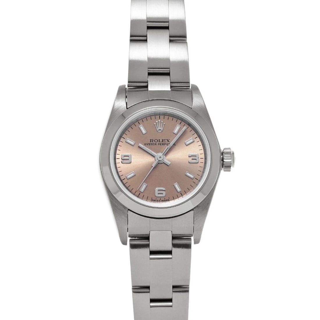 ROLEX OYSTER PERPETUAL PINK WATCH: ROLEX Oyster Perpetual Pink WATCH Brand: ROLEX Type: Wristwatch Material: Band Material Stainless steel, Case Material Stainless steel Color: Dial Color Pink Size: ??Case? H/about 24mm W/about 24mm D/