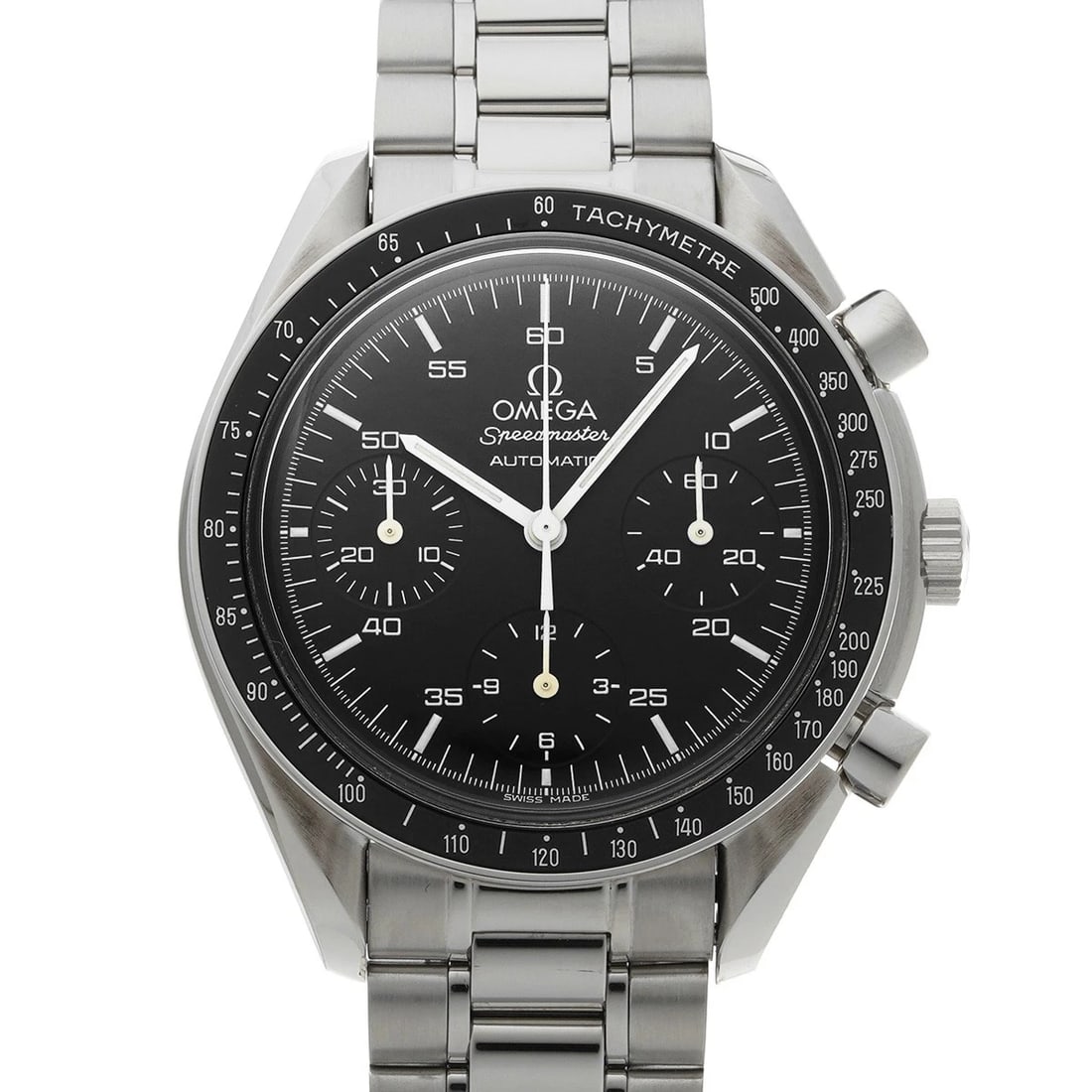 OMEGA SPEEDMASTER AUTOMATIC BLACK WATCH: OMEGA Speedmaster Automatic Black WATCH Brand: OMEGA Type: Wristwatch Material: Band Material Stainless steel, Case Material Stainless steel Color: Dial Color Black Size: ??Case? H/about 39mm W/about