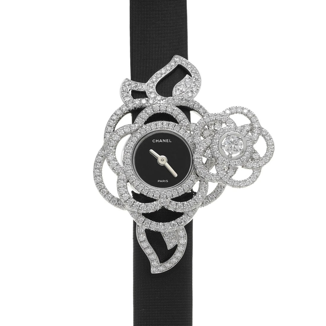 CHANEL CAMELIA BLACK WATCH: CHANEL Camelia Black WATCH Brand: CHANEL Type: Wristwatch Material: Band Material fabric/leather, Case Material White gold Color: Dial Color Black Size: ??Case? H/about 42mm W/about 25mm D/about 10mm