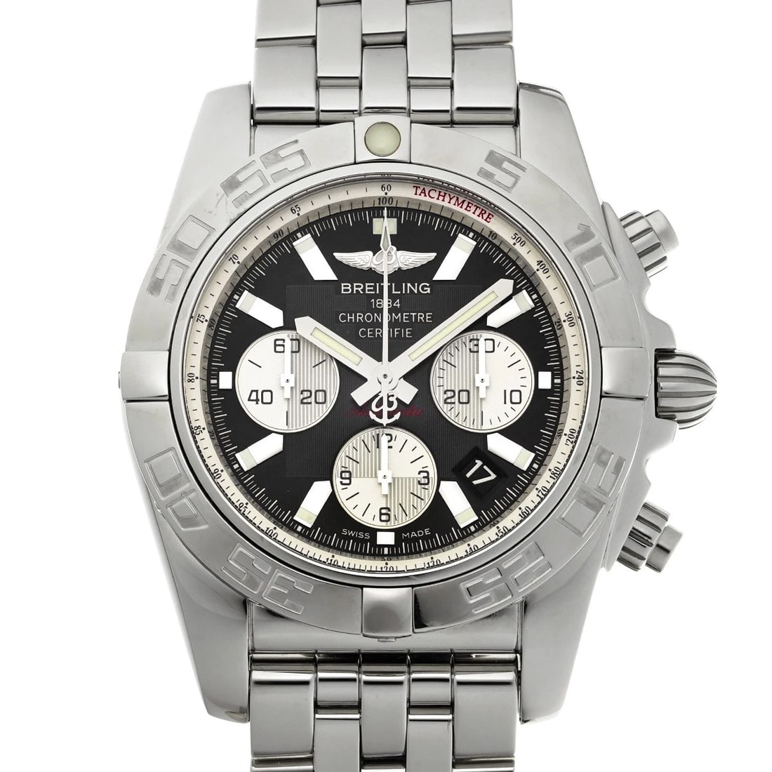 BREITLING CHRONOMAT BLACK/SILVER WATCH: BREITLING Chronomat Black/Silver WATCH Brand: BREITLING Type: Wristwatch Material: Band Material Stainless steel, Case Material Stainless steel Color: Dial Color Black/Silver Size: ??Case? H/about 44m