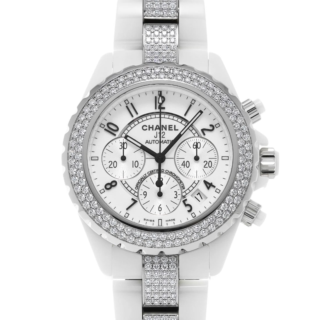 CHANEL J12 CHRONOGRAPH WHITE/SILVER WATCH: CHANEL J12 Chronograph White/Silver WATCH Brand: CHANEL Type: Wristwatch Material: Band Material ceramic/diamond, Case Material ceramic Color: Dial Color White/Silver Size: ??Case? H/about 41mm
