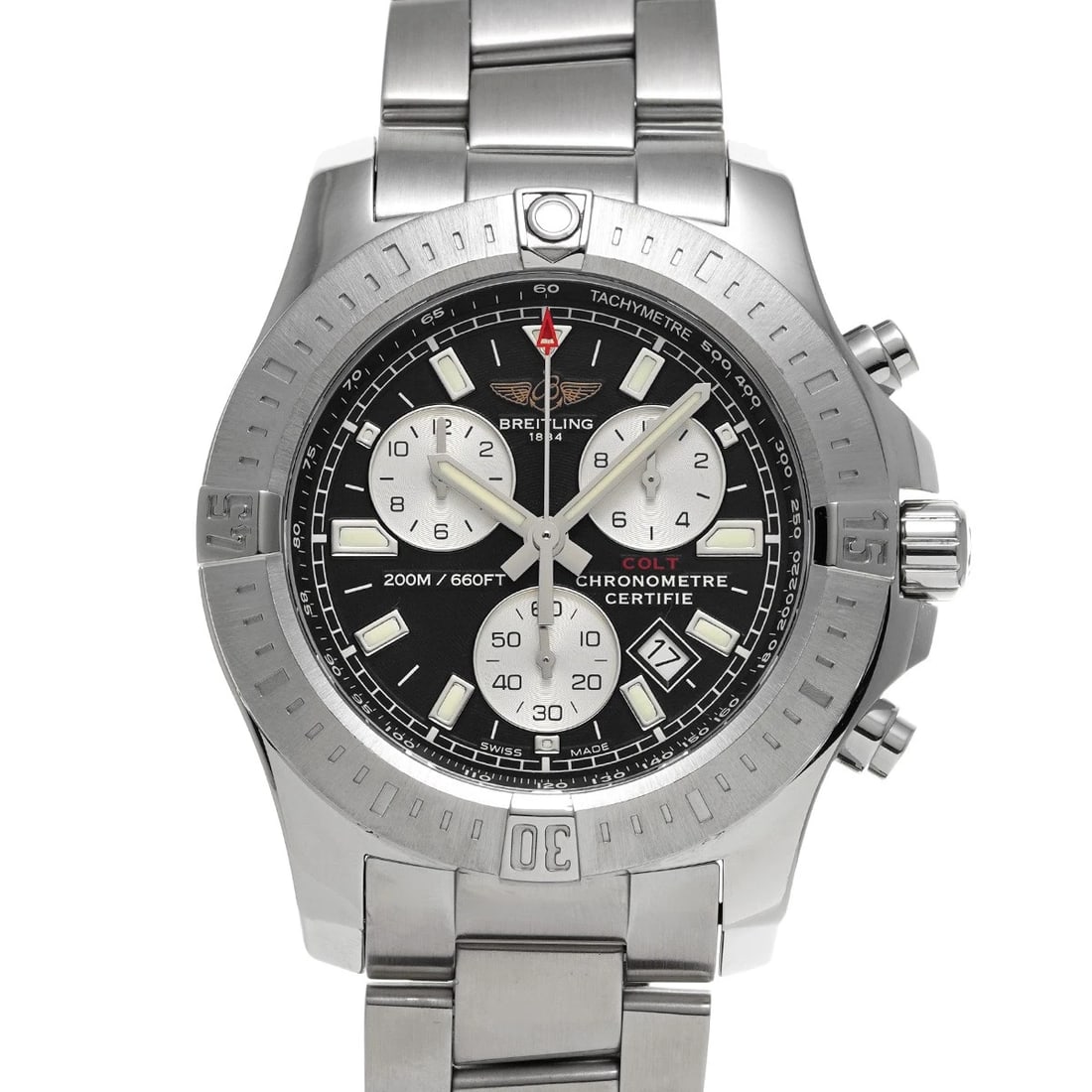 BREITLING COLT CHRONOGRAPH BLACK/SILVER WATCH: BREITLING Colt Chronograph Black/Silver WATCH Brand: BREITLING Type: Wristwatch Material: Band Material Stainless steel, Case Material Stainless steel Color: Dial Color Black/Silver Size: ??Case? H/ab