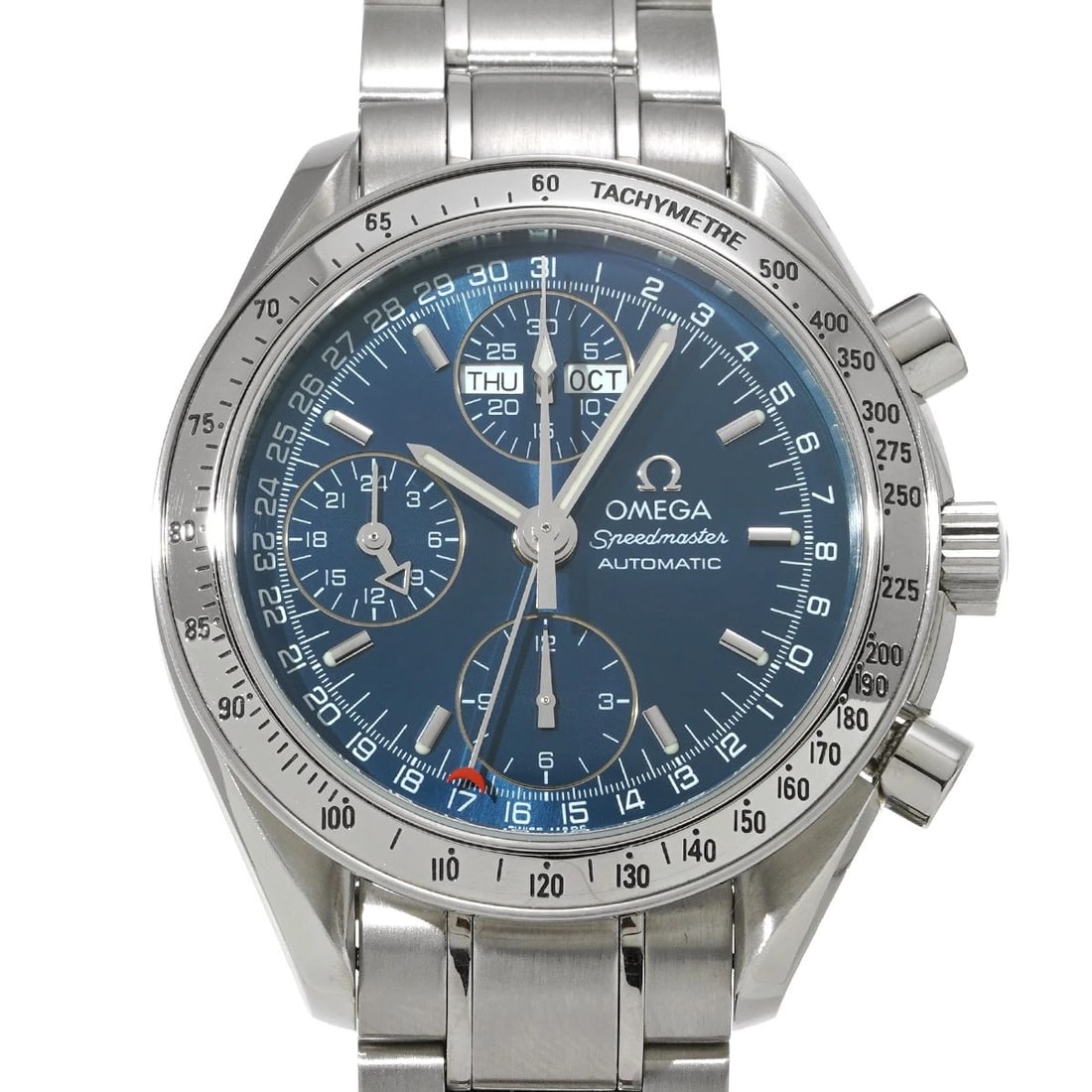 OMEGA SPEEDMASTER TRIPLE CALENDAR BLUE WATCH: OMEGA Speedmaster Triple Calendar Blue WATCH Brand: OMEGA Type: Wristwatch Material: Band Material Stainless steel, Case Material Stainless steel Color: Dial Color Blue Size: ??Case? H/about 39mm W/ab