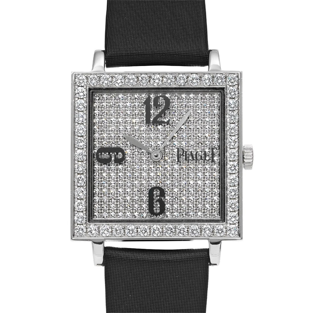 PIAGET ARTI PLATO PAVE DIAMONDS WATCH: Piaget Arti Plato Pave Diamonds WATCH Brand: Piaget Type: Wristwatch Material: Band Material Satin, Case Material White gold Color: Dial Color Pave Diamonds Size: ??Case? H/about 30mm W/about 30mm D/a