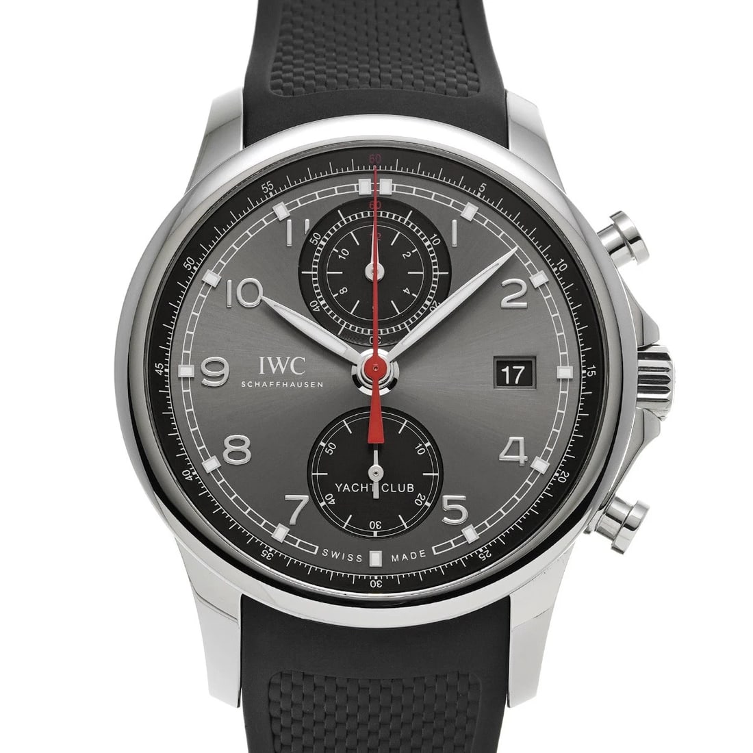 IWC PORTUGIESER YACHT CLUB CHRONOGRAPH SLATE GRAY/BLACK WATCH: IWC Portugieser Yacht Club Chronograph Slate Gray/Black WATCH Brand: IWC Type: Wristwatch Material: Band Material rubber, Case Material Stainless steel Color: Dial Color Slate Gray/Black Size: ??Case?