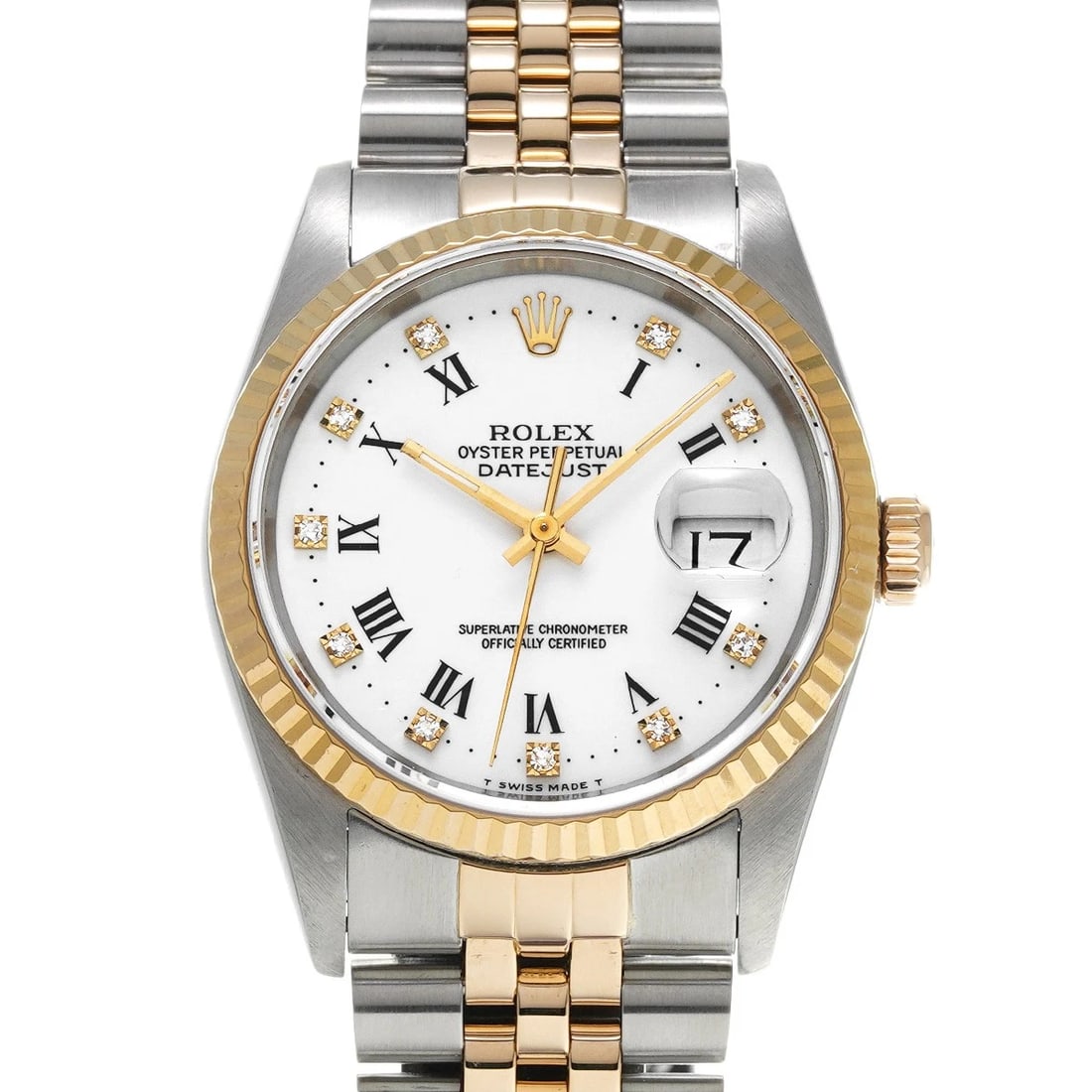 ROLEX DATEJUST WHITE/DIAMOND WATCH: ROLEX Datejust White/Diamond WATCH Brand: ROLEX Type: Wristwatch Material: Band Material Stainless steel/Yellow Gold, Case Material Stainless steel Color: Dial Color White/Diamond Size: ??Case? H/abou