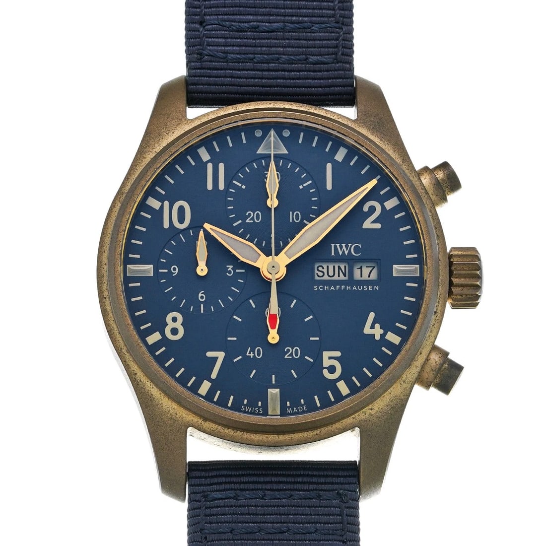 IWC PILOT WATCH CHRONOGRAPH BLUE WATCH: IWC Pilot Watch Chronograph Blue WATCH Brand: IWC Type: Wristwatch Material: Band Material canvas, Case Material bronze Color: Dial Color Blue Size: ??Case? H/about 41mm W/about 41mm D/about 14.5mm lu