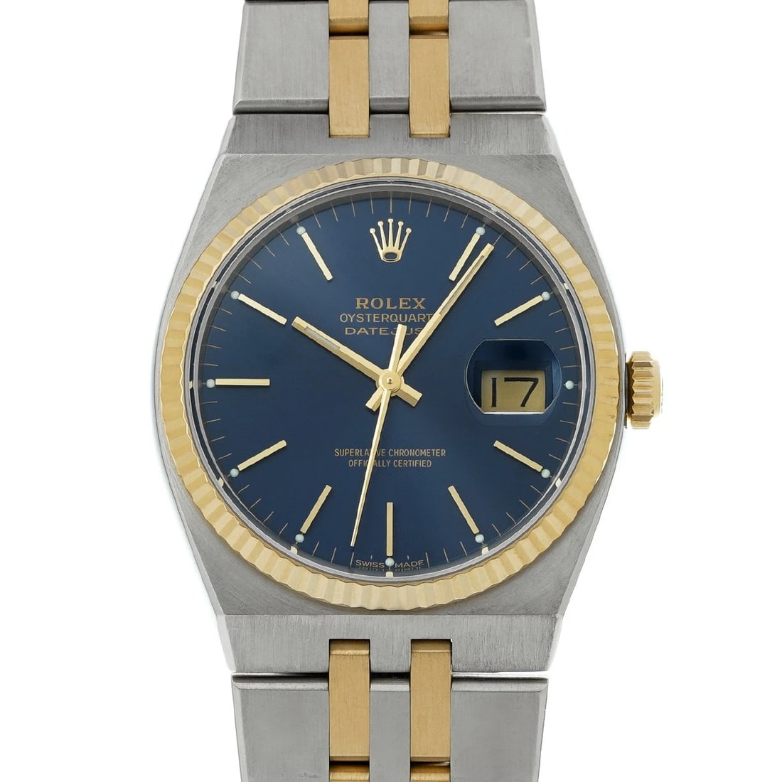 ROLEX OYSTER QUARTZ DATEJUST BLUE WATCH: ROLEX Oyster Quartz Datejust Blue WATCH Brand: ROLEX Type: Wristwatch Material: Band Material Stainless steel/Yellow Gold, Case Material Stainless steel Color: Dial Color Blue Size: Case? H/about 36mm
