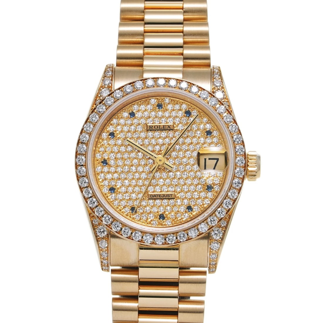 ROLEX DATEJUST PAVE DIAMONDS WATCH: ROLEX Datejust Pave Diamonds WATCH Brand: ROLEX Type: Wristwatch Material: Band Material Yellow Gold, Case Material Yellow Gold Color: Dial Color Pave Diamonds Size: ??Case? H/about 31mm W/about 31mm