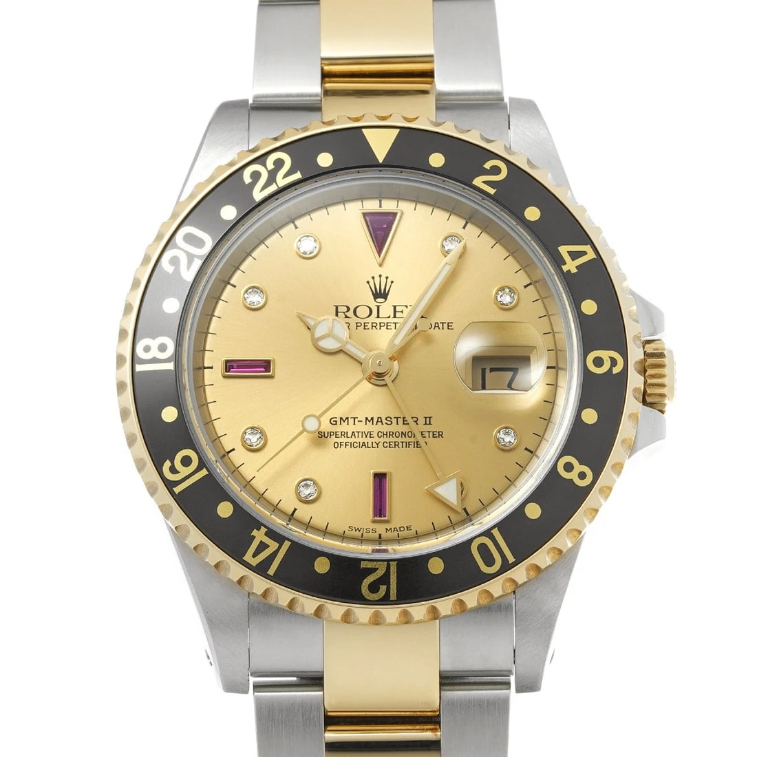 ROLEX GMT-MASTER II BLACK/DIAMOND / RUBY WATCH: ROLEX GMT-Master II Black/Diamond / Ruby WATCH Brand: ROLEX Type: Wristwatch Material: Band Material Stainless steel/Yellow Gold, Case Material Stainless steel Color: Dial Color Black/Diamond/Ruby Siz