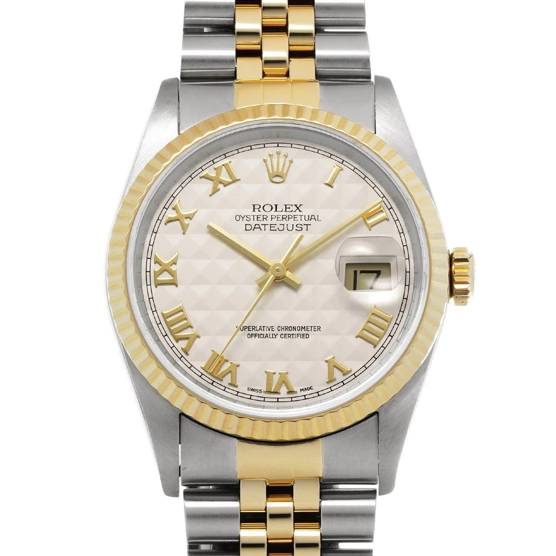 ROLEX DATEJUST IVORY PYRAMID WATCH: ROLEX Datejust Ivory Pyramid WATCH Brand: ROLEX Type: Wristwatch Material: Band Material Stainless steel/Yellow Gold, Case Material Stainless steel Color: Dial Color Ivory Size: ??Case? H/about 36mm W