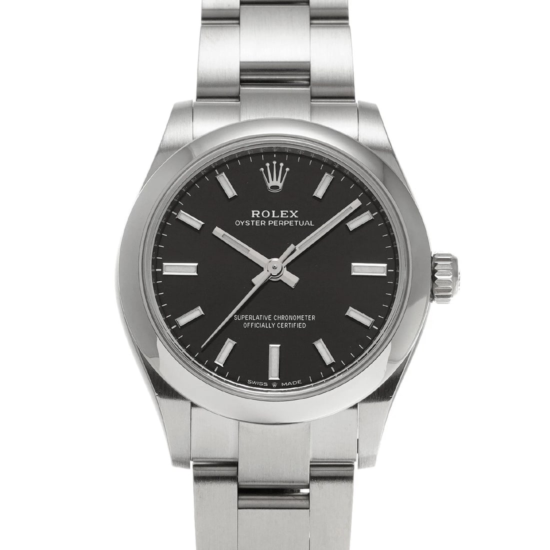 ROLEX OYSTER PERPETUAL BRIGHT BLACK WATCH: ROLEX Oyster Perpetual Bright Black WATCH Brand: ROLEX Type: Wristwatch Material: Band Material Stainless steel, Case Material Stainless steel Color: Dial Color Bright Black Size: ??Case? H/about 31mm