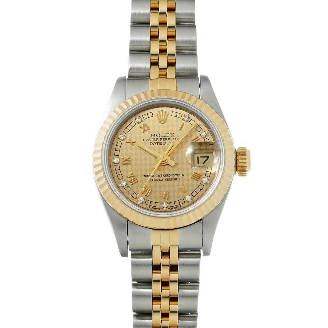 ROLEX DATEJUST CHAMPAGNE HOUNDSTOOTH/DIAMOND WATCH: ROLEX Datejust Champagne Houndstooth/Diamond WATCH Brand: ROLEX Type: Wristwatch Material: Band Material Stainless steel/Yellow Gold, Case Material Stainless steel Color: Dial Color Champagne Houndsto