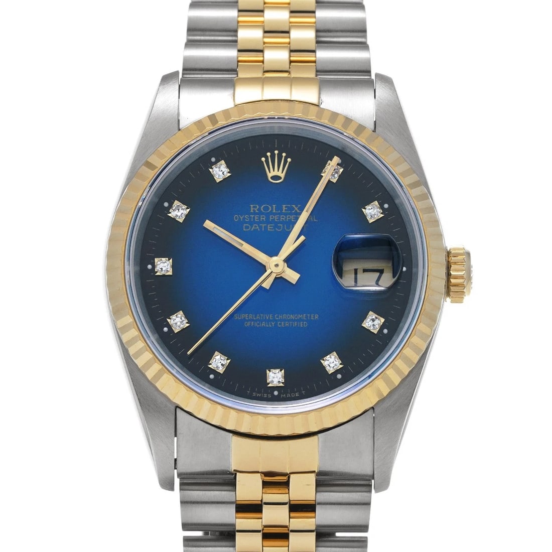 ROLEX DATEJUST BLUE GRADIENT/DIAMOND WATCH: ROLEX Datejust Blue Gradient/Diamond WATCH Brand: ROLEX Type: Wristwatch Material: Band Material Stainless steel/Yellow Gold, Case Material Stainless steel Color: Dial Color Blue Gradient/Diamond Size