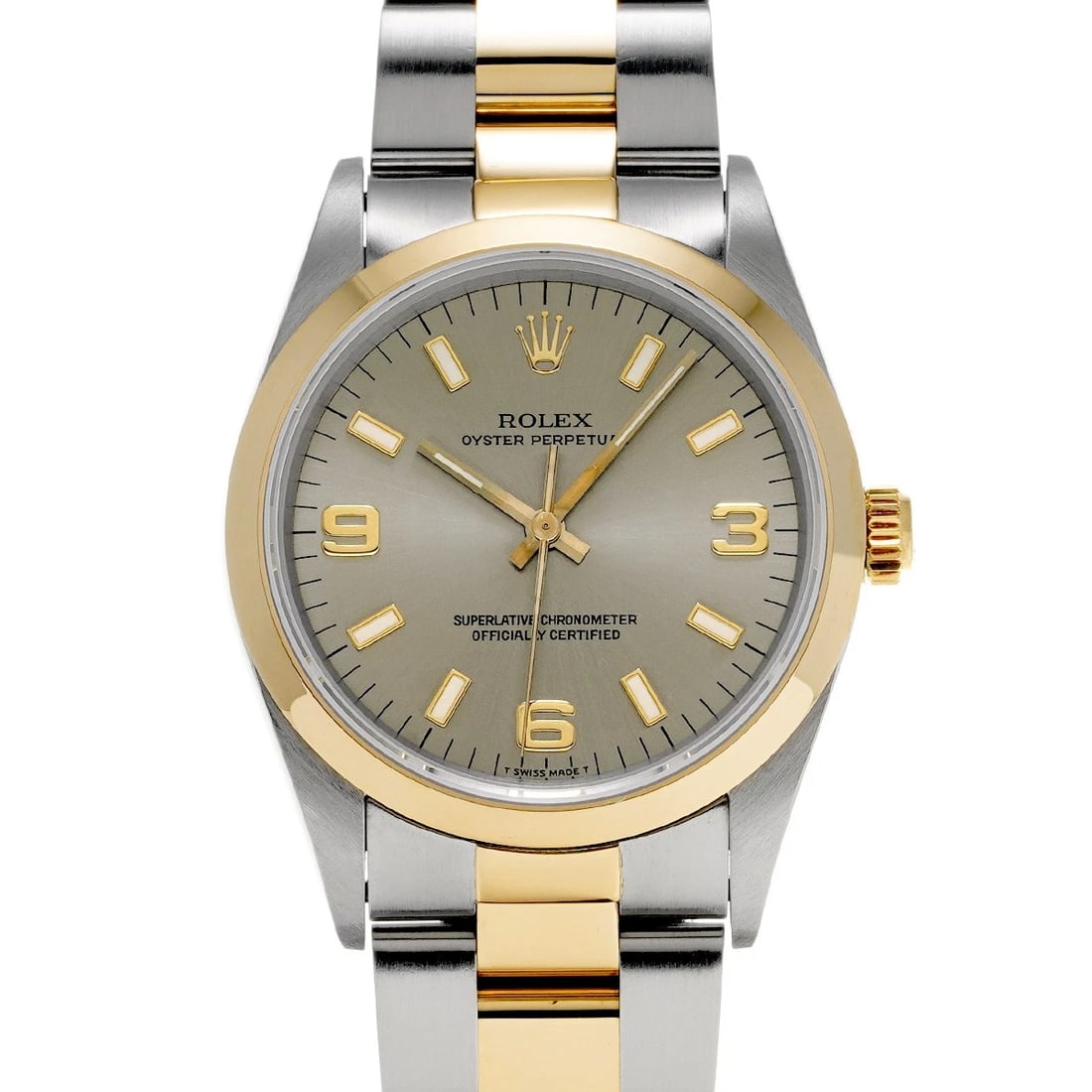 ROLEX OYSTER PERPETUAL GRAY WATCH: ROLEX Oyster Perpetual Gray WATCH Brand: ROLEX Type: Wristwatch Material: Band Material Stainless steel/Yellow Gold, Case Material Stainless steel Color: Dial Color Gray Size: ??Case? H/about 34mm W/a