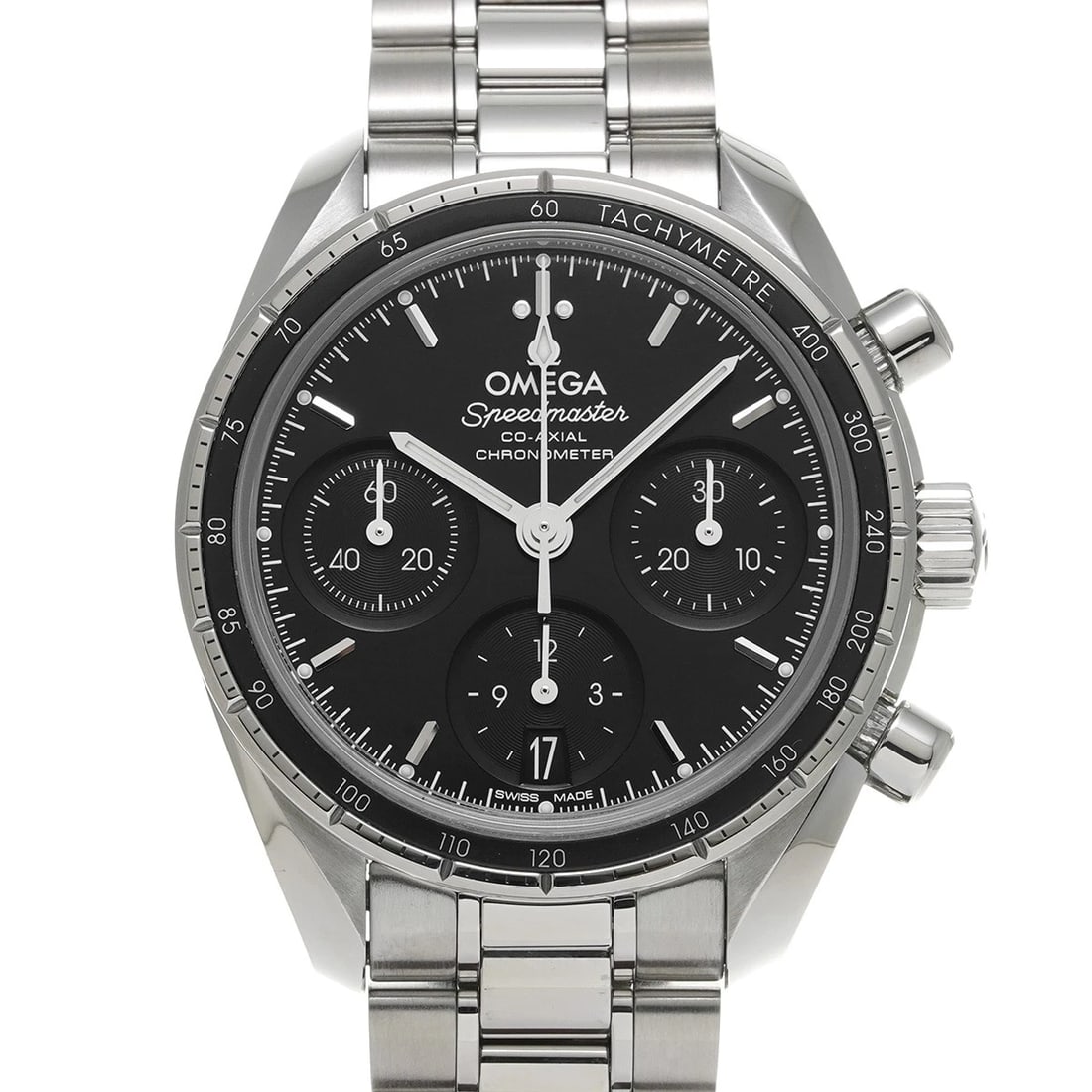OMEGA SPEEDMASTER CO-AXIAL BLACK WATCH: OMEGA Speedmaster Co-Axial Black WATCH Brand: OMEGA Type: Wristwatch Material: Band Material Stainless steel, Case Material Stainless steel Color: Dial Color black Size: ??Case? H/about 38mm W/about 3