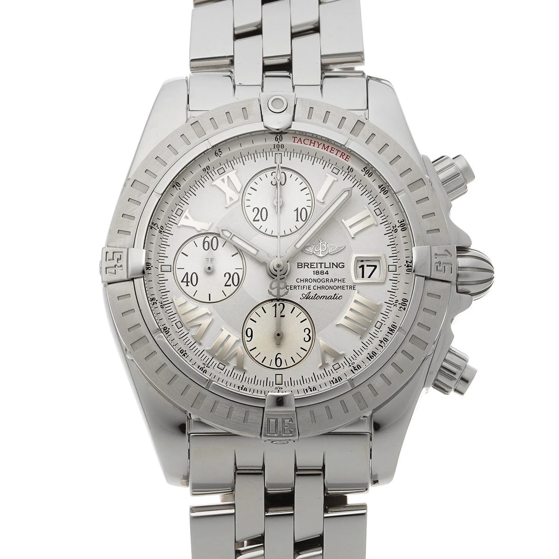 BREITLING CHRONOMAT EVOLUTION SILVER WATCH: BREITLING Chronomat Evolution Silver WATCH Brand: BREITLING Type: Wristwatch Material: Band Material Stainless steel, Case Material Stainless steel Color: Dial Color silver Size: ??Case? H/about 44mm 