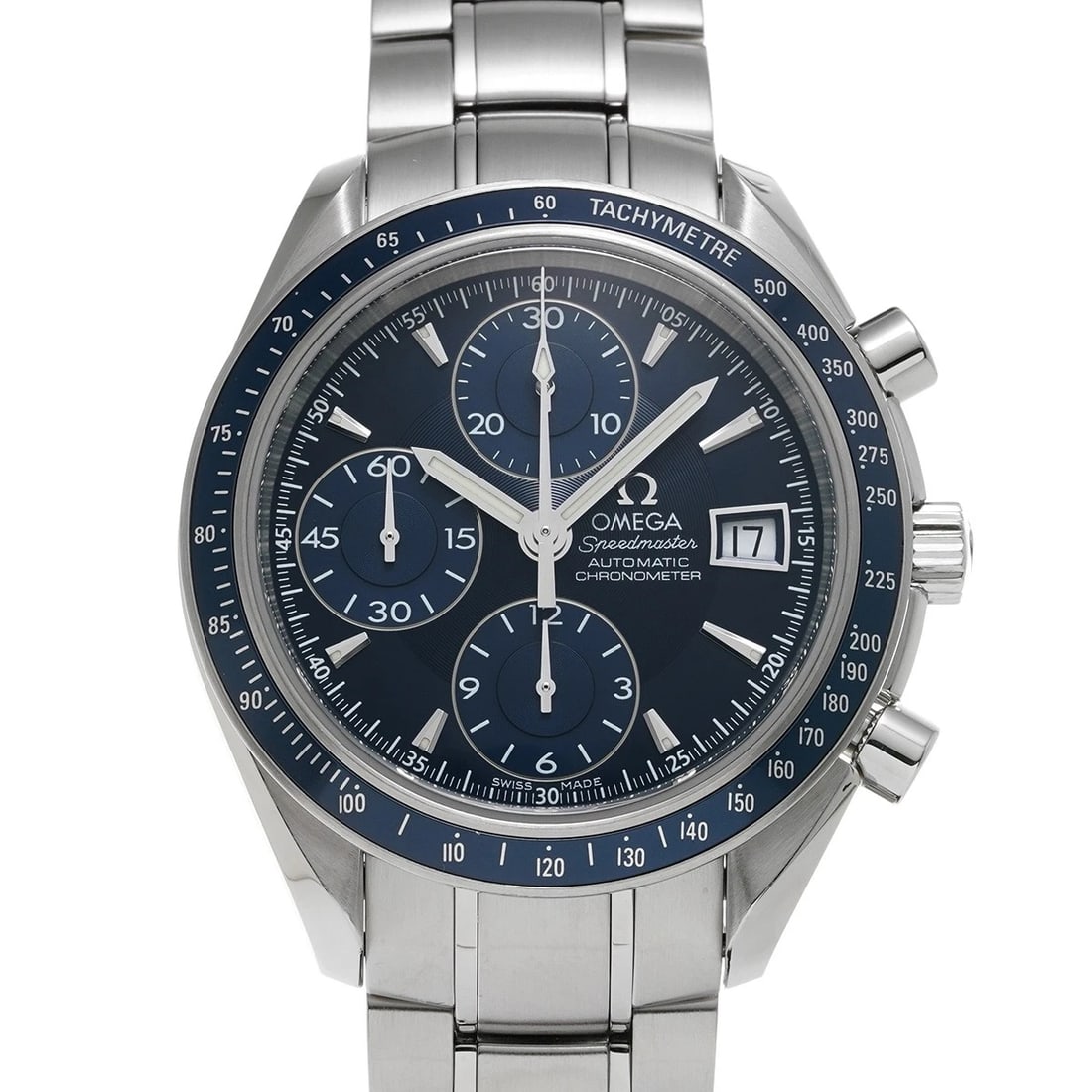OMEGA SPEEDMASTER DATE BLUE WATCH: OMEGA Speedmaster Date Blue WATCH Brand: OMEGA Type: Wristwatch Material: Band Material Stainless steel, Case Material Stainless steel Color: Dial Color Blue Size: ??Case? H/about 40mm W/about 40mm D/