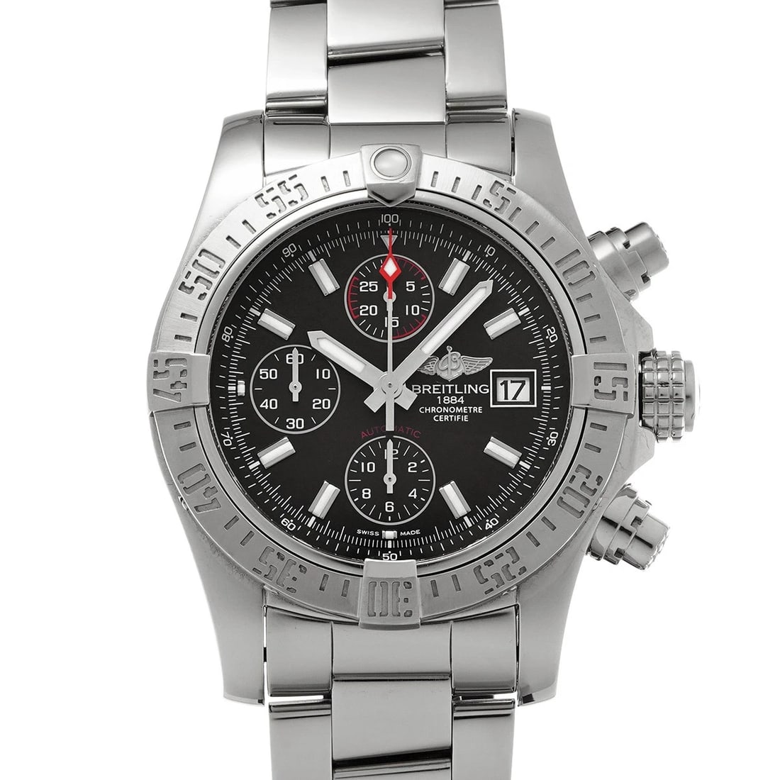 BREITLING SUPER AVENGER II BLACK WATCH: BREITLING Super Avenger II Black WATCH Brand: BREITLING Type: Wristwatch Material: Band Material Stainless steel, Case Material Stainless steel Color: Dial Color Black Size: ??Case? H/about 43mm W/abo
