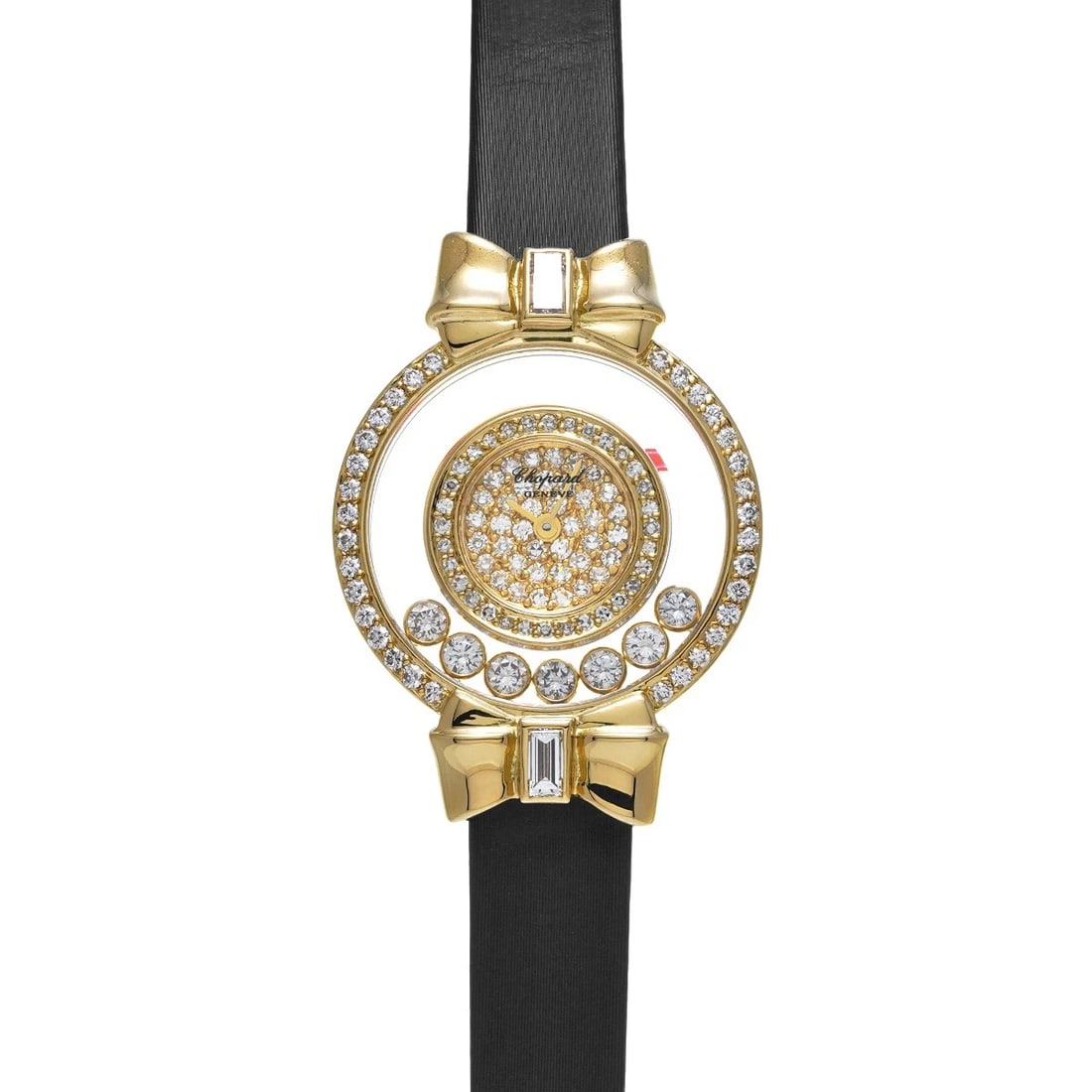 CHOPARD HAPPY DIAMOND RIBBON DIAMOND WATCH: Chopard Happy Diamond Ribbon Diamond WATCH Brand: Chopard Type: Wristwatch Material: Band Material Satin/calf, Case Material Yellow Gold Color: Dial Color Diamond Size: ??Case? H/about 24mm W/about 24