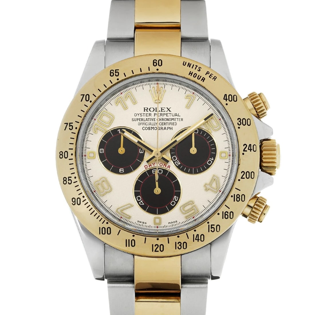ROLEX COSMOGRAPH DAYTONA IVORY/BLACK WATCH: ROLEX Cosmograph Daytona Ivory/Black WATCH Brand: ROLEX Type: Wristwatch Material: Band Material Stainless steel/Yellow Gold, Case Material Stainless steel Color: Dial Color Ivory/Black Size: ??Case? 