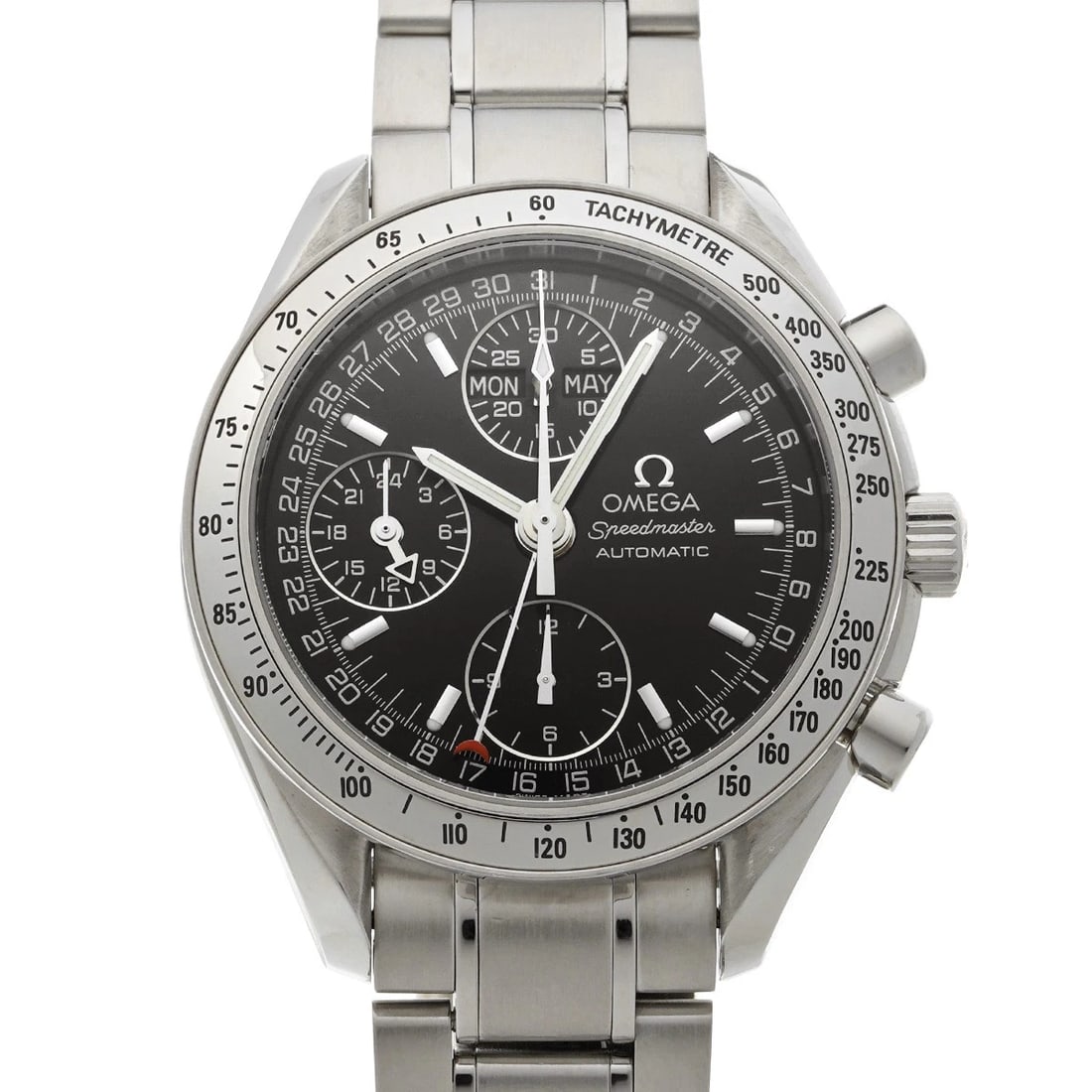 OMEGA SPEEDMASTER TRIPLE CALENDAR BLACK WATCH: OMEGA Speedmaster Triple Calendar Black WATCH Brand: OMEGA Type: Wristwatch Material: Band Material Stainless steel, Case Material Stainless steel Color: Dial Color Black Size: ??Case? H/about 39mm W/