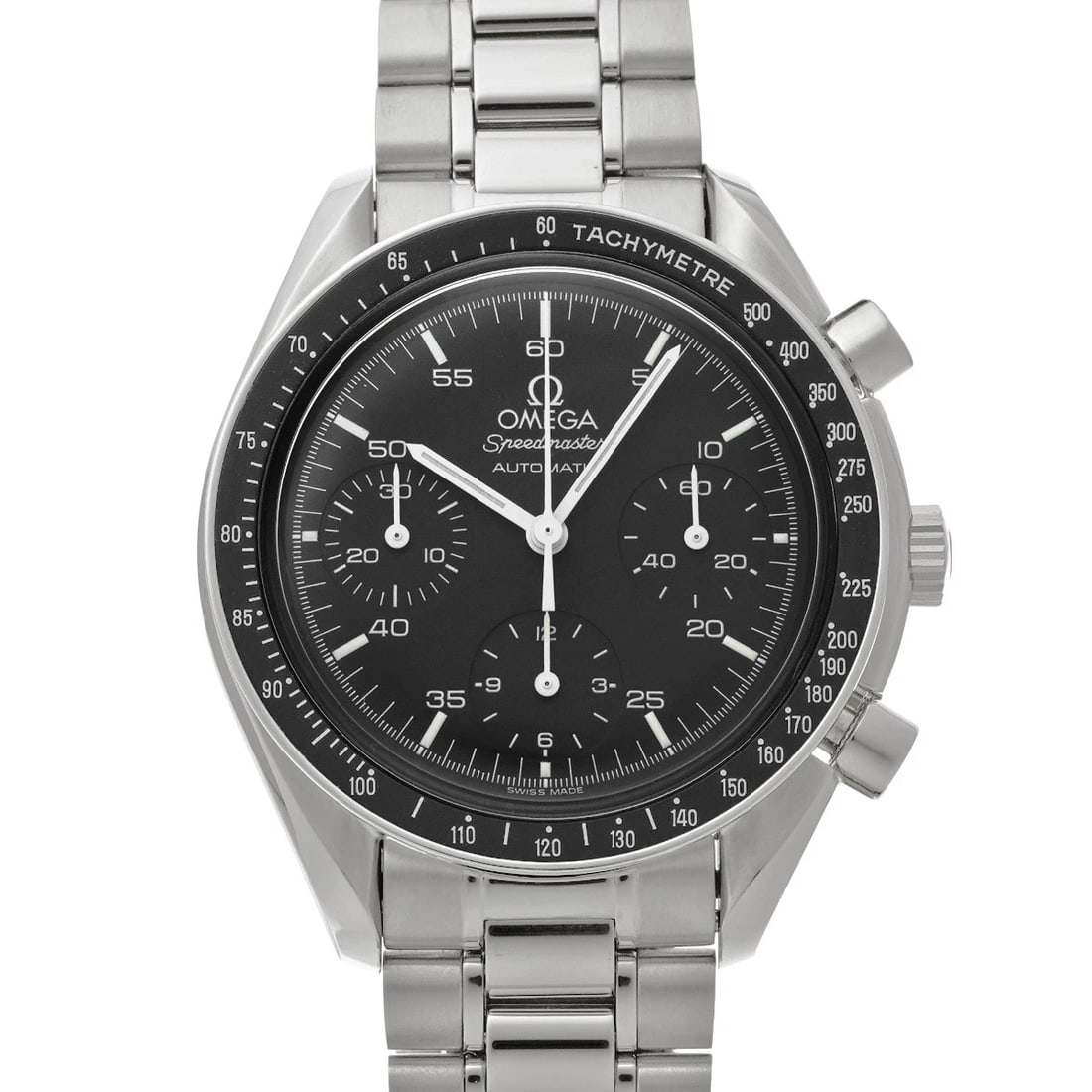 OMEGA SPEEDMASTER AUTOMATIC BLACK WATCH: OMEGA Speedmaster Automatic Black WATCH Brand: OMEGA Type: Wristwatch Material: Band Material Stainless steel, Case Material Stainless steel Color: Dial Color Black Size: Case Size27 mm Accessorie