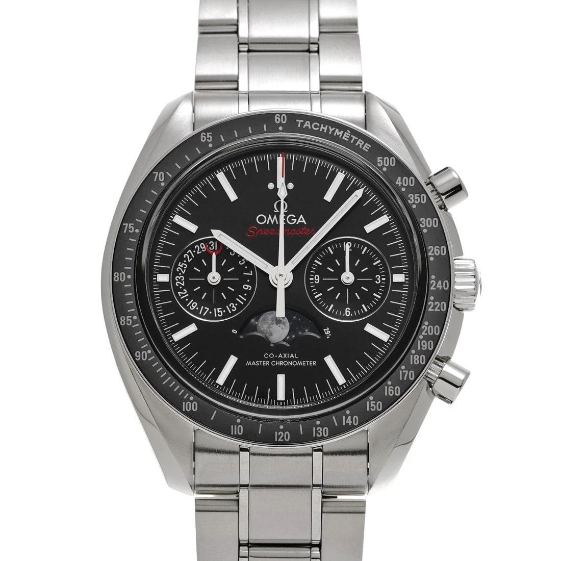 OMEGA SPEEDMASTER MOON PHASE CO-AXIAL MASTER CHRONOMETER WATCH: OMEGA Speedmaster Moon Phase Co-Axial Master Chronometer WATCH Brand: OMEGA Type: Wristwatch Material: Band Material Stainless steel, Case Material Stainless steel Color: Dial Color Black Size: ??Case