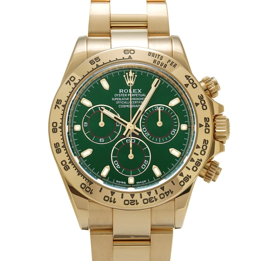 ROLEX COSMOGRAPH DAYTONA GREEN WATCH: ROLEX Cosmograph Daytona Green WATCH Brand: ROLEX Type: Wristwatch Material: Band Material Yellow Gold, Case Material Yellow Gold Color: Dial Color Green Size: ??Case? H/about 40mm W/about 40mm D/abou