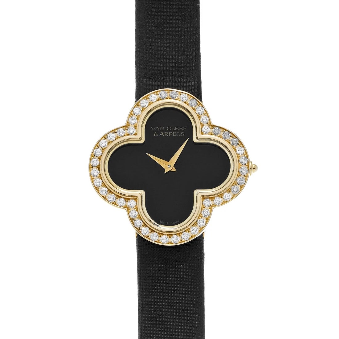 VAN CLEEF & ARPELS VINTAGE ALHAMBRA WATCH BLACK WATCH: Van Cleef & Arpels Vintage Alhambra Watch Black WATCH Brand: Van Cleef & Arpels Type: Wristwatch Material: Band Material Satin, Case Material Yellow Gold Color: Dial Color Black Size: ??Case? H/about 