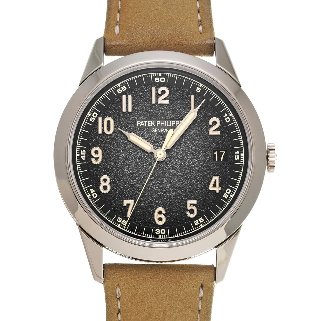 PATEK PHILIPPE CALATRAVA CHARCOAL GRAY WATCH: PATEK PHILIPPE Calatrava Charcoal Gray WATCH Brand: PATEK PHILIPPE Type: Wristwatch Material: Band Material leather, Case Material White gold Color: Dial Color Charcoal Gray Size: ??Case? H/about 40mm