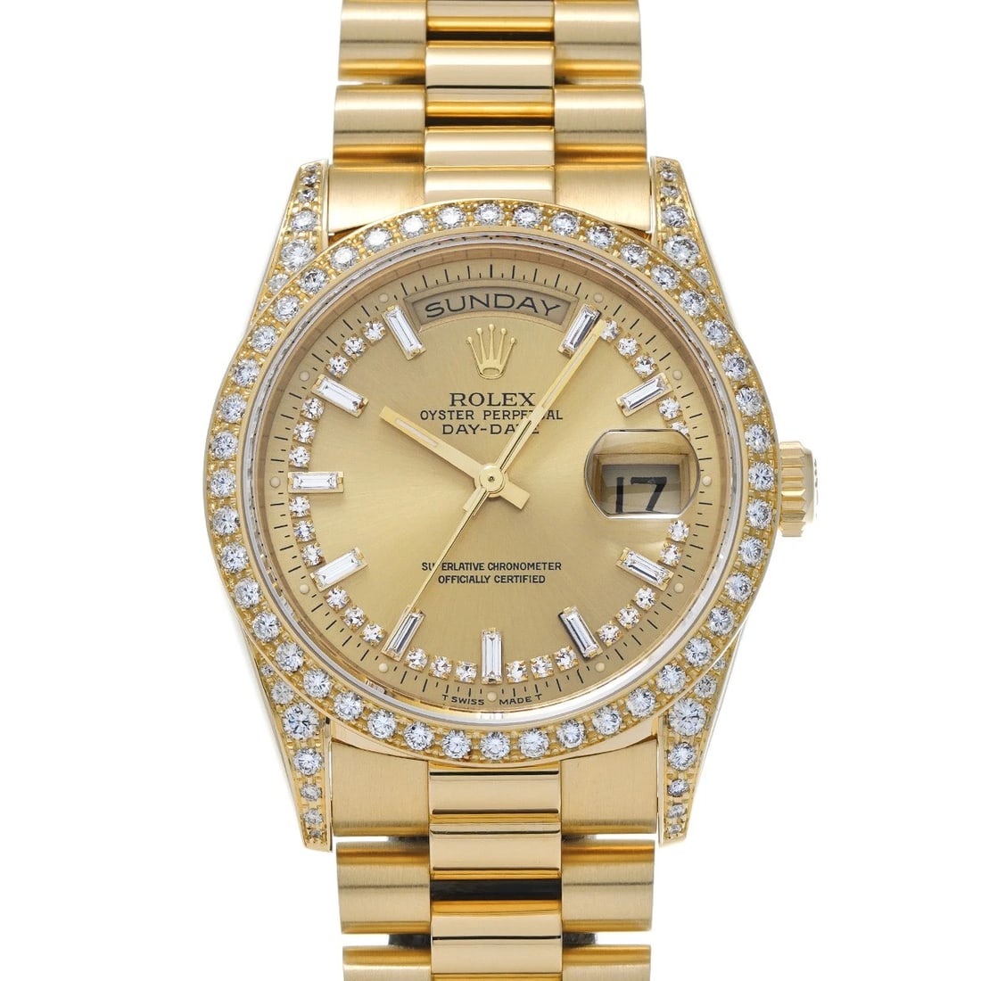 ROLEX DAY-DATE CHAMPAGNE/DIAMOND WATCH: ROLEX Day-Date Champagne/Diamond WATCH Brand: ROLEX Type: Wristwatch Material: Band Material Yellow Gold, Case Material Yellow Gold Color: Dial Color Champagne/Diamond Size: ??Case? H/about 36mm W/abo