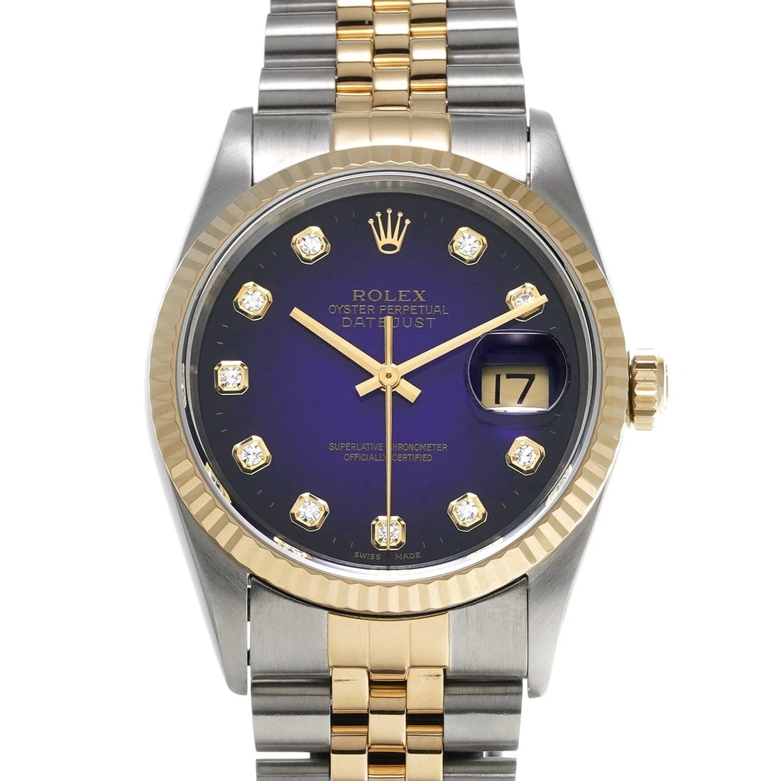 ROLEX DATEJUST BLUE GRADIENT/DIAMOND WATCH: ROLEX Datejust Blue Gradient/Diamond WATCH Brand: ROLEX Type: Wristwatch Material: Band Material Stainless steel/Yellow Gold, Case Material Stainless steel Color: Dial Color Blue Gradient/Diamond Size