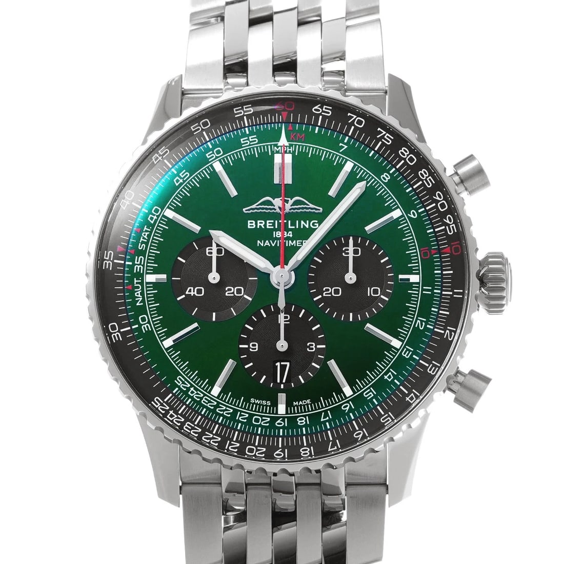 BREITLING NAVITIMER CHRONOGRAPH GREEN WATCH: BREITLING Navitimer Chronograph Green WATCH Brand: BREITLING Type: Wristwatch Material: Band Material Stainless steel, Case Material Stainless steel Color: Dial Color Green Size: ??Case? H/about 46mm 