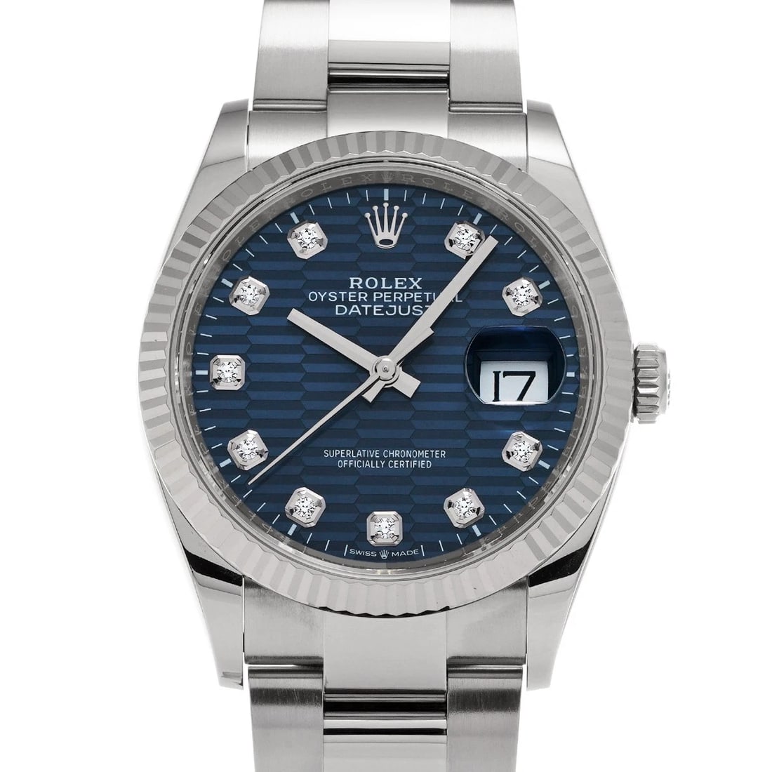 ROLEX DATEJUST BRIGHT BLUE FLUTED MOTIF/DIAMOND WATCH: ROLEX Datejust Bright Blue Fluted Motif/Diamond WATCH Brand: ROLEX Type: Wristwatch Material: Band Material Stainless steel, Case Material Stainless steel Color: Dial Color Bright Blue Fluted Motif/Di