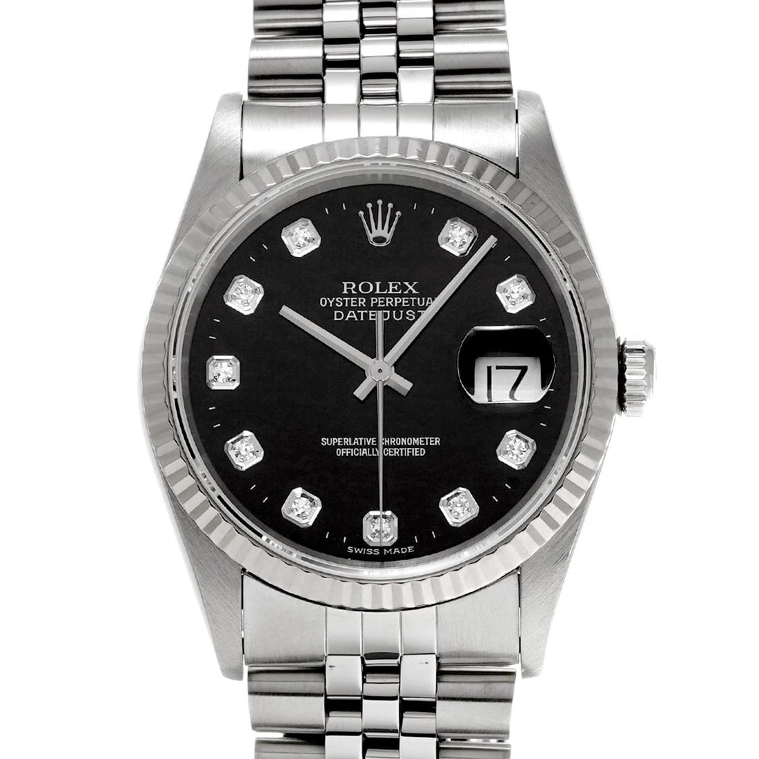 ROLEX DATEJUST BLACK/DIAMOND WATCH: ROLEX Datejust Black/Diamond WATCH Brand: ROLEX Type: Wristwatch Material: Band Material Stainless steel, Case Material Stainless steel Color: Dial Color Black/Diamond Size: ??Case? H/about 36mm W/abo