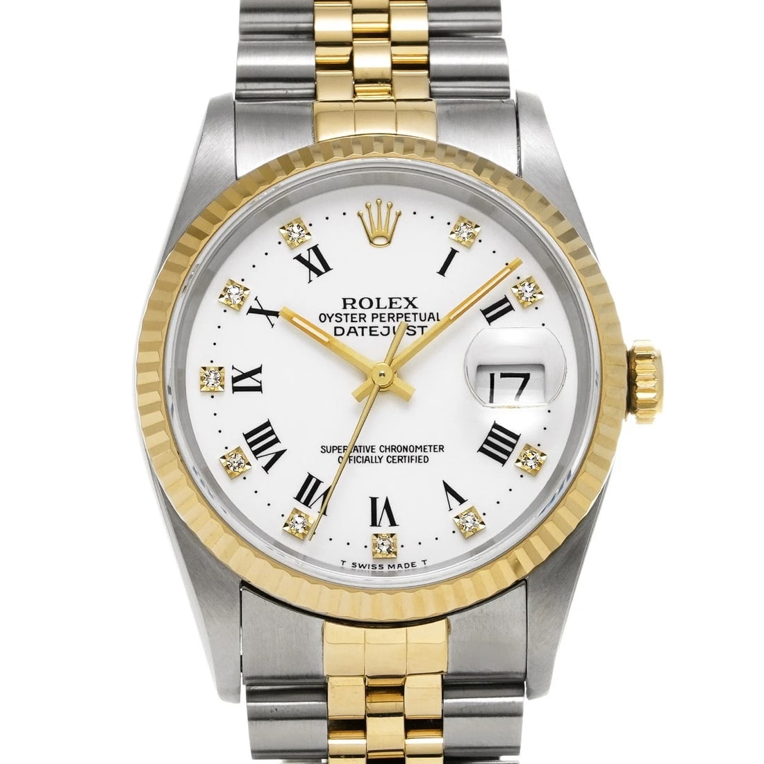 ROLEX DATEJUST WHITE/DIAMOND WATCH: ROLEX Datejust White/Diamond WATCH Brand: ROLEX Type: Wristwatch Material: Band Material Stainless steel/Yellow Gold, Case Material Stainless steel Color: Dial Color White/Diamond Size: ??Case?