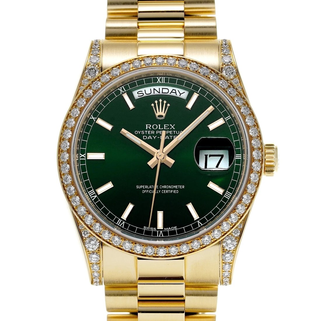 ROLEX DAY-DATE GREEN/DIAMOND WATCH: ROLEX Day-Date Green/Diamond WATCH Brand: ROLEX Type: Wristwatch Material: Band Material Yellow Gold, Case Material Yellow Gold Color: Dial Color Green/Diamond Size: ??Case? H/about 36mm W/about 36mm