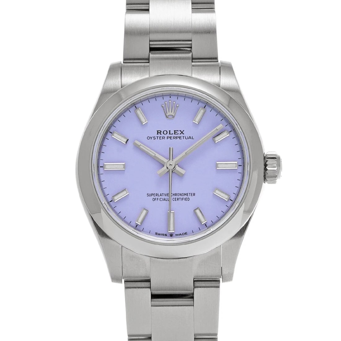 ROLEX OYSTER PERPETUAL LAVENDER/MED BLUE WATCH: ROLEX Oyster Perpetual Lavender/Med Blue WATCH Brand: ROLEX Type: Wristwatch Material: Band Material Stainless steel, Case Material Stainless steel Color: Dial Color Lavender/Med Blue Size: ??Case? H/