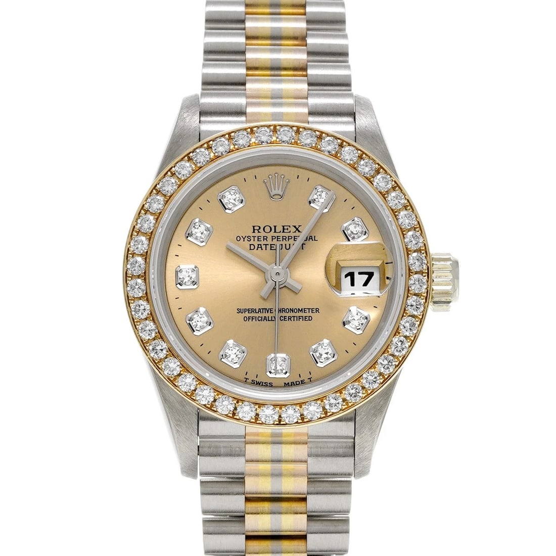 ROLEX DATEJUST TRIDOR CHAMPAGNE/DIAMOND WATCH: ROLEX Datejust Tridor Champagne/Diamond WATCH Brand: ROLEX Type: Wristwatch Material: Band Material toridor, Case Material White gold Color: Dial Color Champagne/Diamond Size: ??Case? H/about 26mm W/a