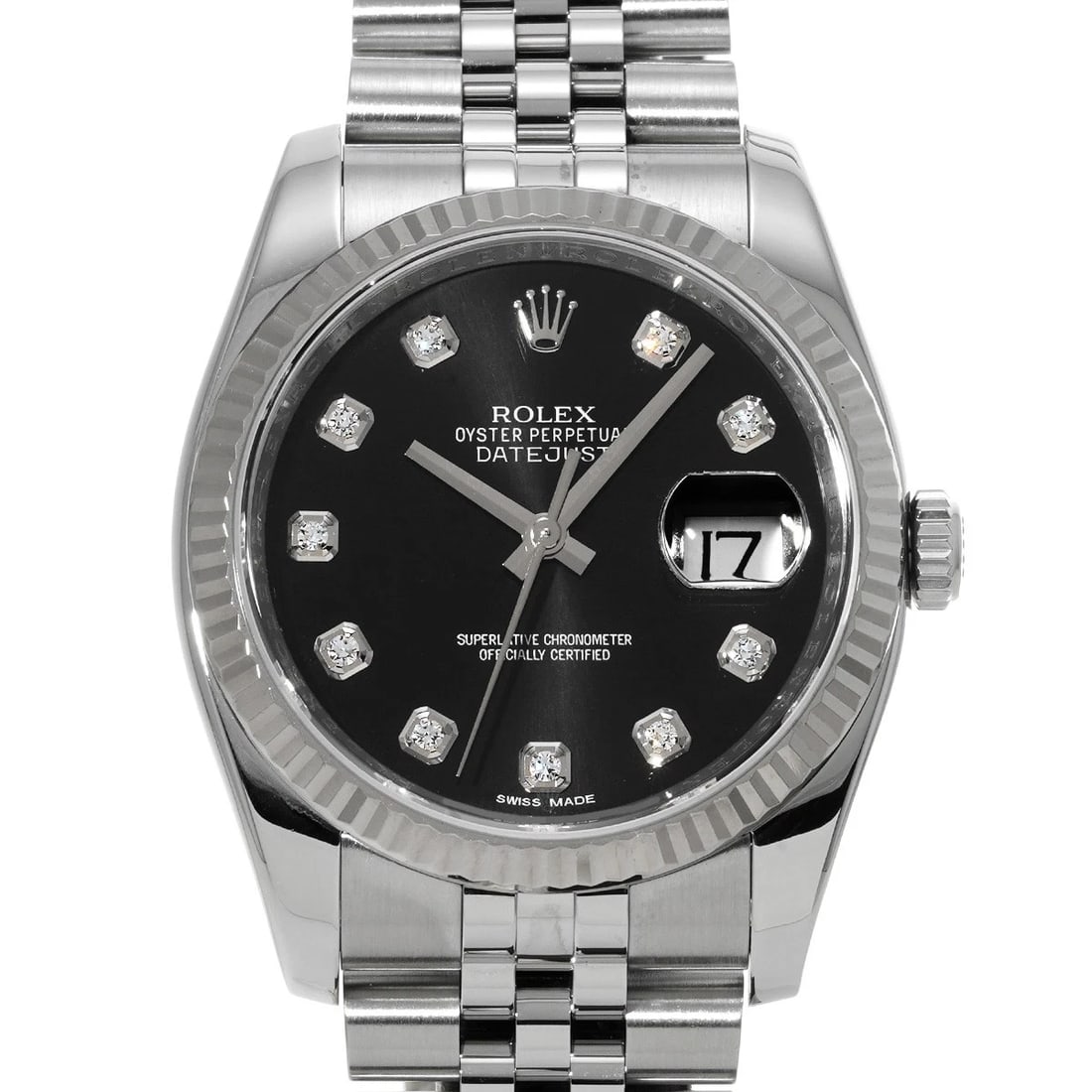 ROLEX DATEJUST BLACK/DIAMOND WATCH: ROLEX Datejust Black/Diamond WATCH Brand: ROLEX Type: Wristwatch Material: Band Material Stainless steel, Case Material Stainless steel Color: Dial Color Black/Diamond Size: ??Case? H/about 36mm W/abo