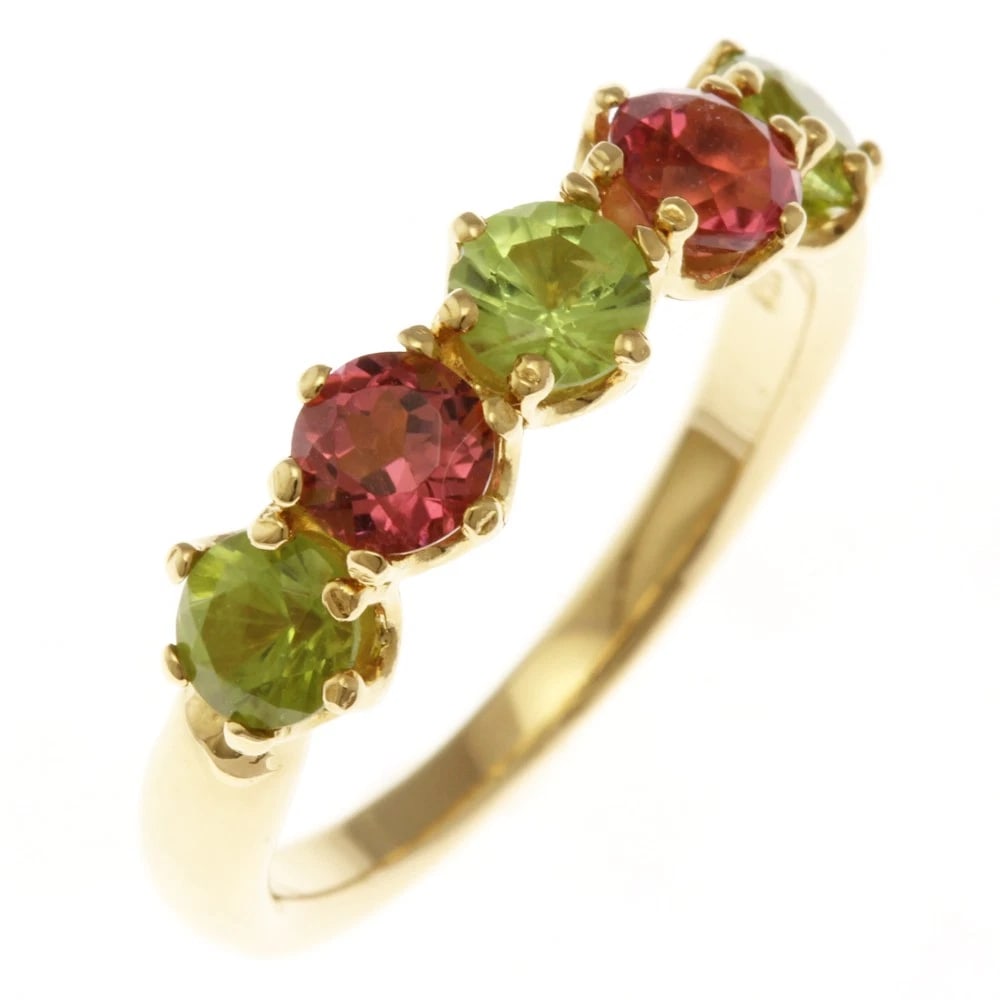 RING K18 YELLOW GOLD: Ring K18 yellow gold Brand: Unbranded Type: Ring Material: K18 yellow gold, Main Stone/Creation Peridot/Pink tourmaline Color: gold Size: US 5 1/2 Accessories: None Accessories Notice: Whe